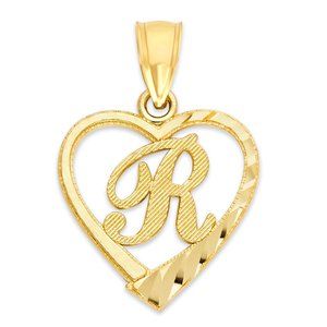 10K Gold Heart Initial "R" Pendant - Diamond Cut Letter Charm for Necklace
